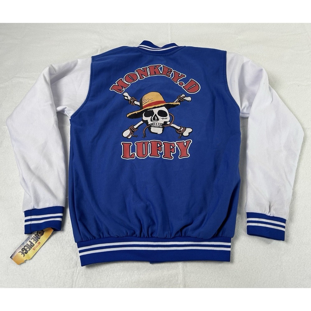 NWT Netflix Anime One Piece Varsity Jacket Men's Large Blue Monkey.D Luffy